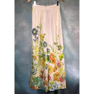ALÉMAIS Floral Wide Leg Trousers High Waist Botanical Print White Multi Size 2